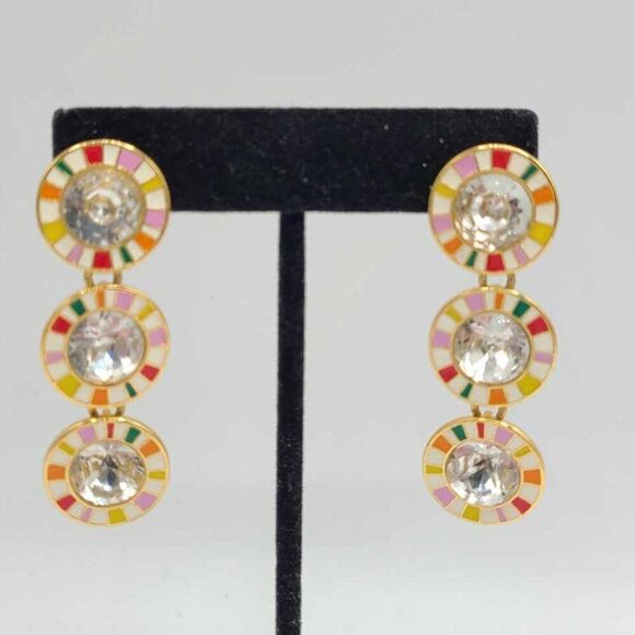 J Crew Multi Color Enamel Stripe Triple Round Crystal Earrings NWOT! - Picture 8 of 9